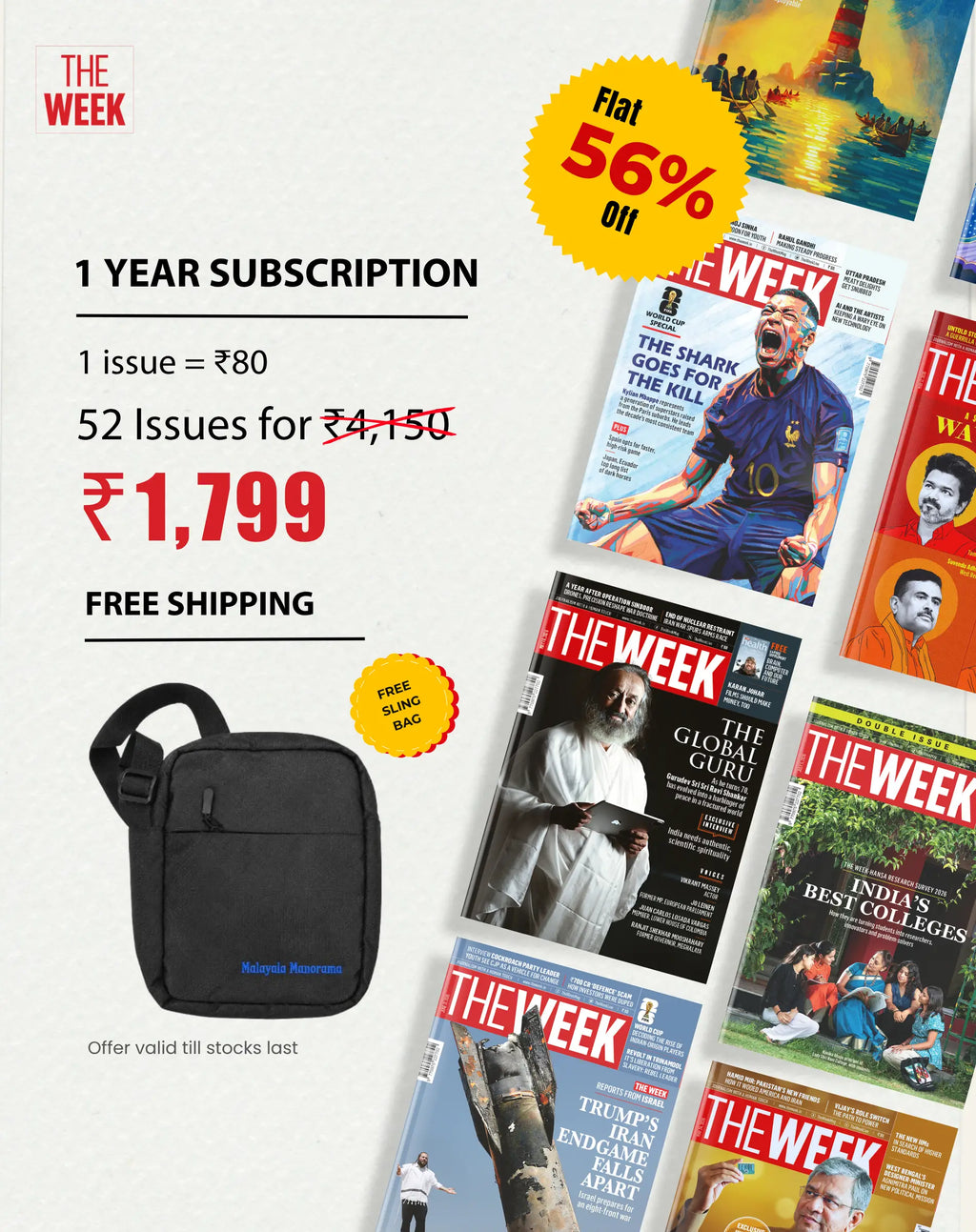 The Week Magazine Subscription – 1 Year (52 Issues, English) with Free Sling Bag