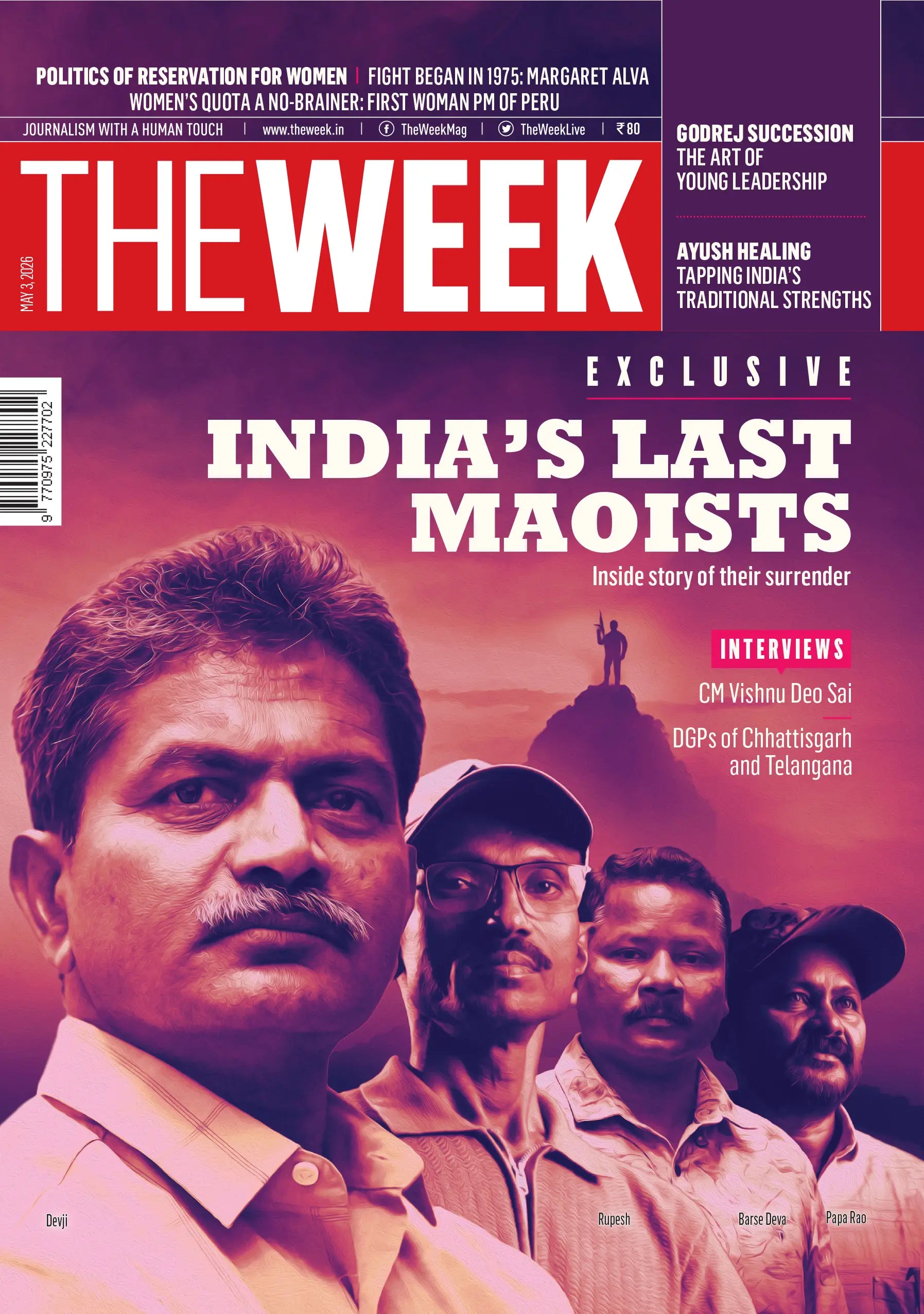 Magazine cover titled 'The Week' featuring a story on 'India's Last Maoists'.