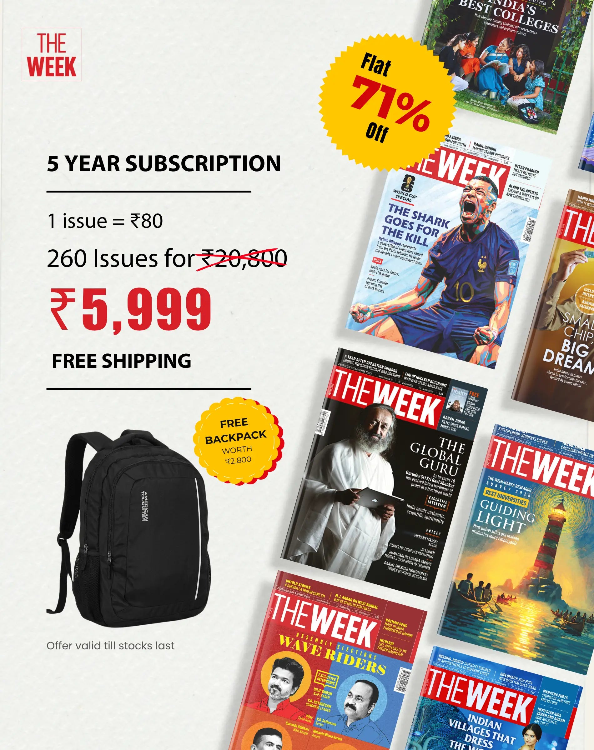 The Week 5-Year Subscription (260 Issues) with Free American Tourister Backpack