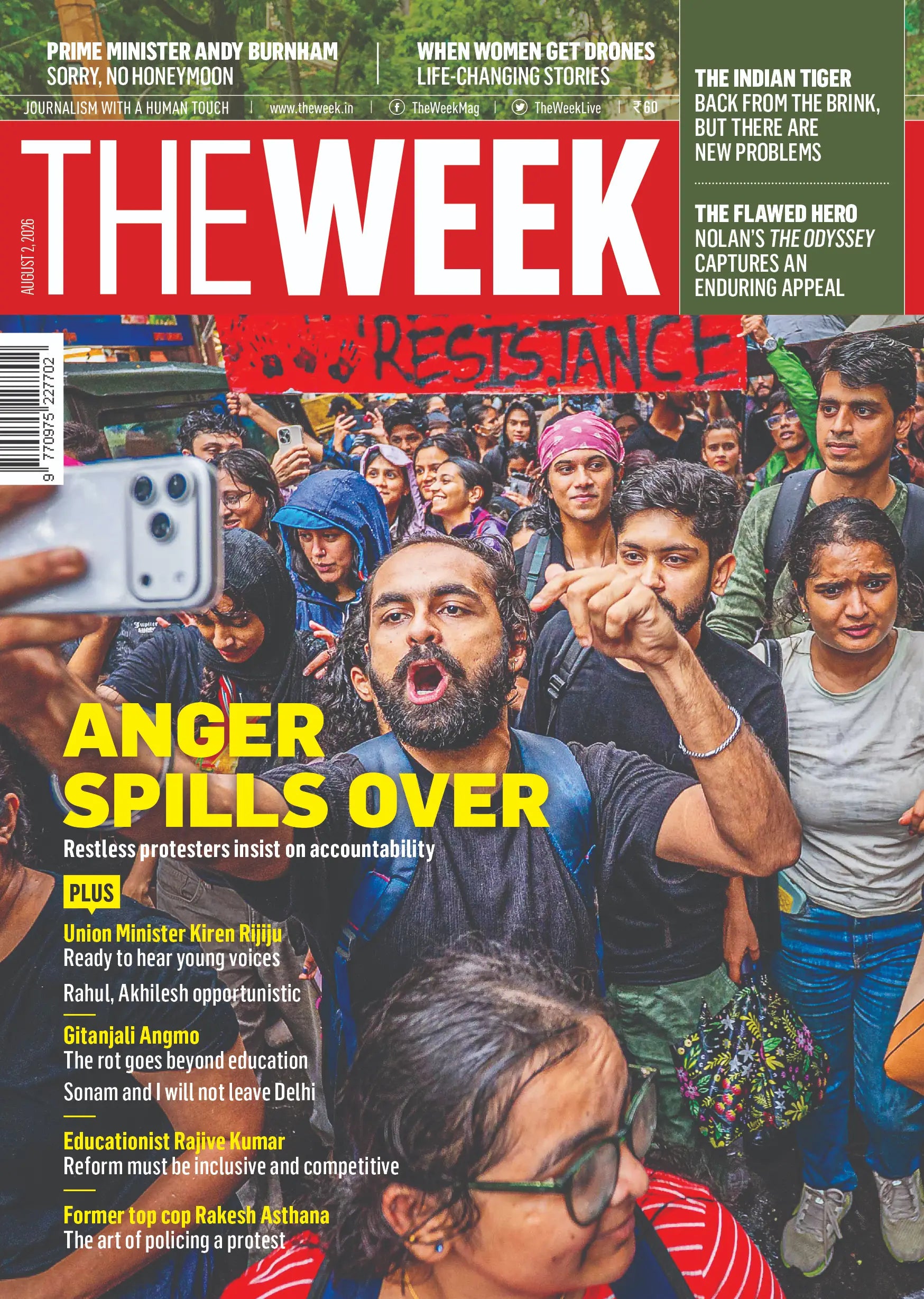 THE WEEK Magazine August 2, 2026 cover featuring the "Anger Spills Over" cover story on the NEET protests, tiger conservation, and Christopher Nolan's The Odyssey.