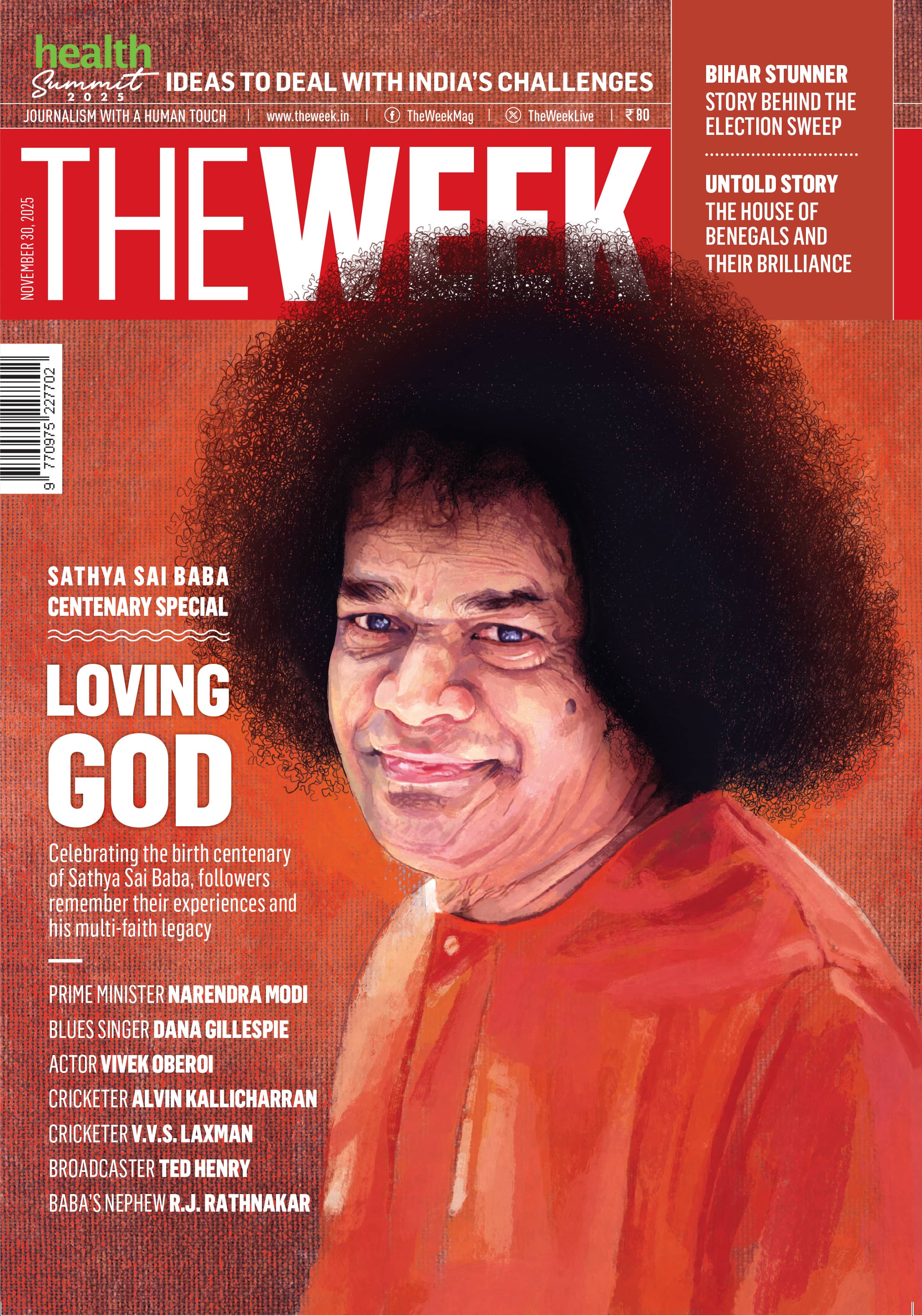 Magazine cover featuring a person with text about Sathya Sai Baba on an orange background
