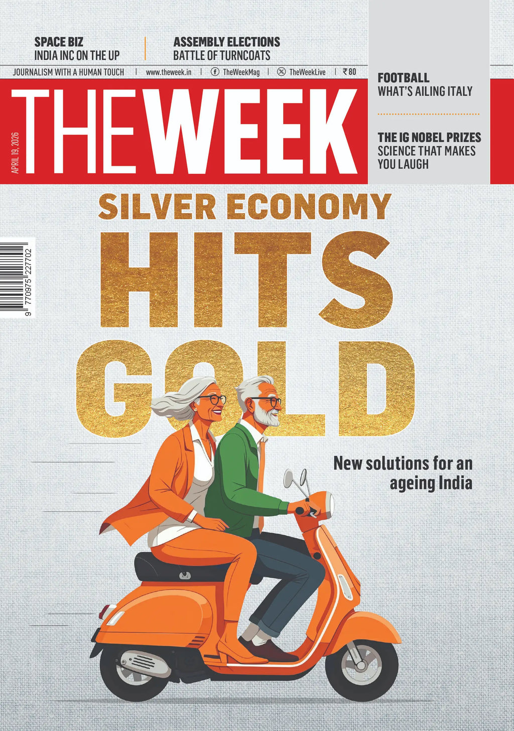 Magazine cover titled 'The Week' with illustration of two people on a scooter, featuring the text 'Silver Economy Hits Gold'.
