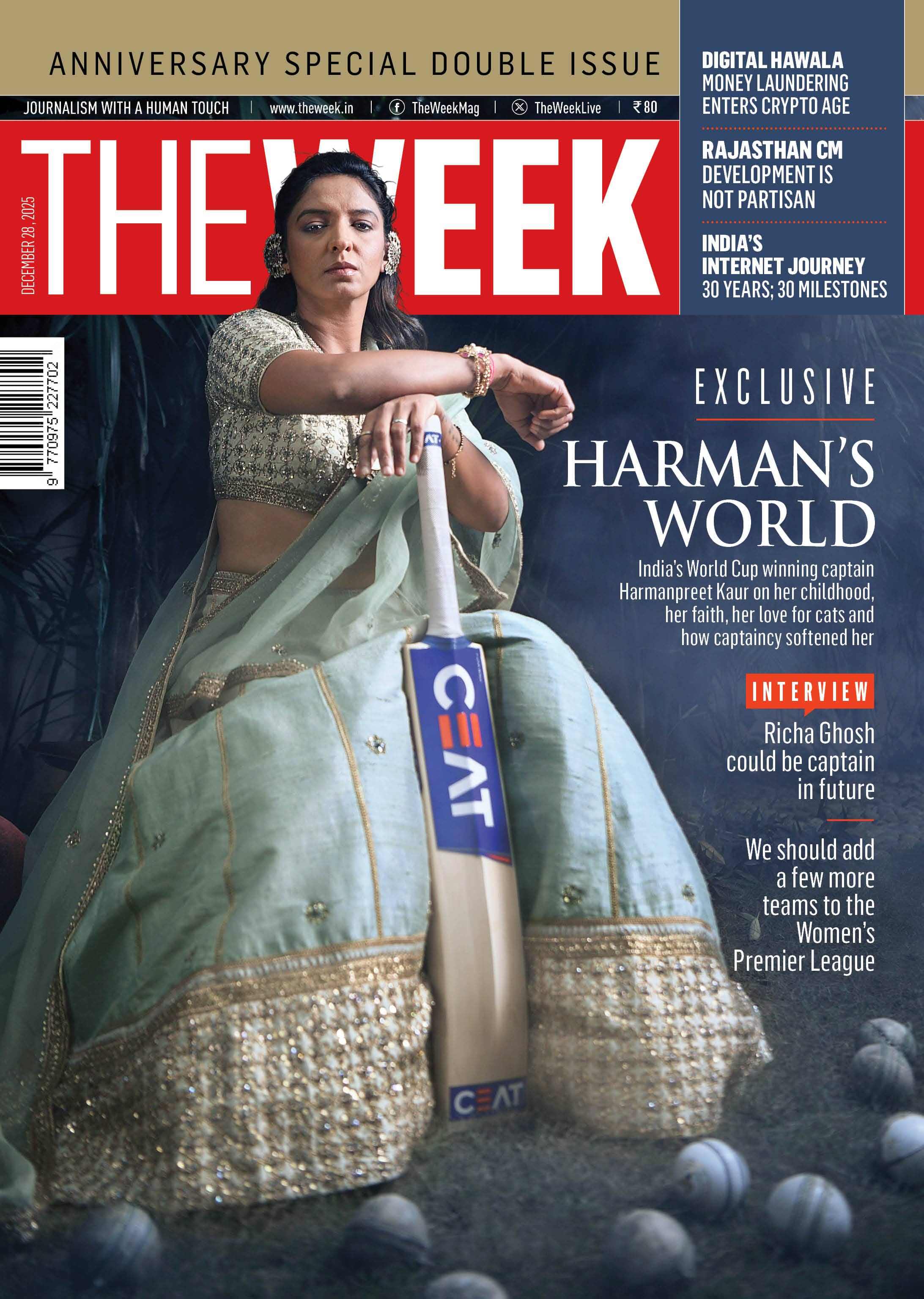 Woman holding a cricket bat on the cover of 'The Week' magazine Harmanpreet Kaur cover of The Week Anniversary Special Double Issue December 2025