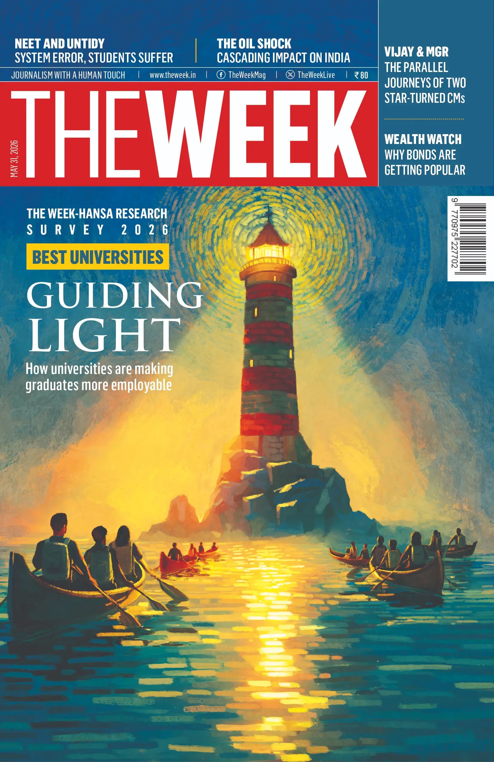 The Week magazine cover dated 31 May 2026 featuring Best Universities Survey 2026 and lighthouse artwork