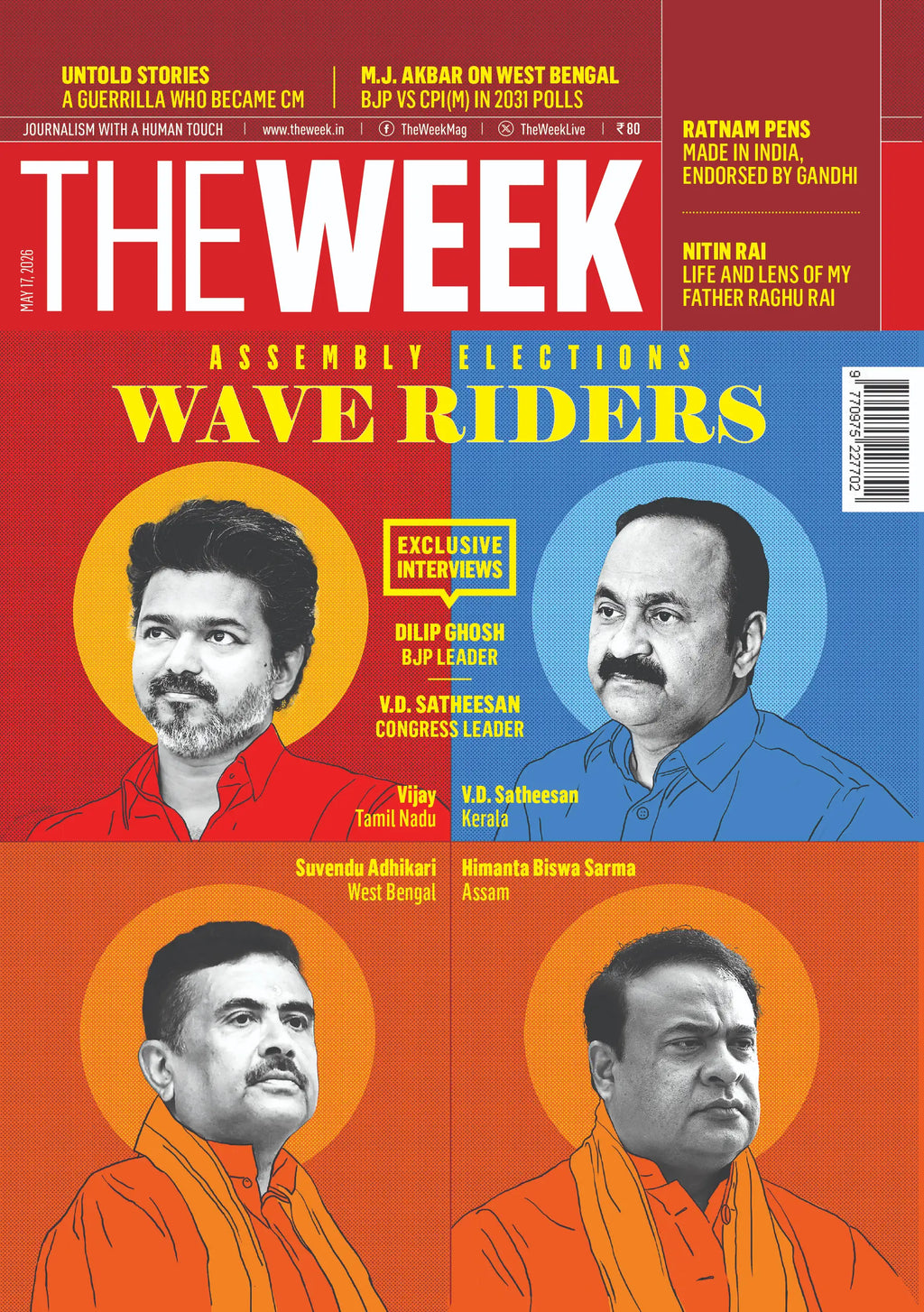 The Week magazine cover May 17 2026 featuring Assembly Elections Wave Riders with Vijay, V.D. Satheesan, Suvendu Adhikari and Himanta Biswa Sarma