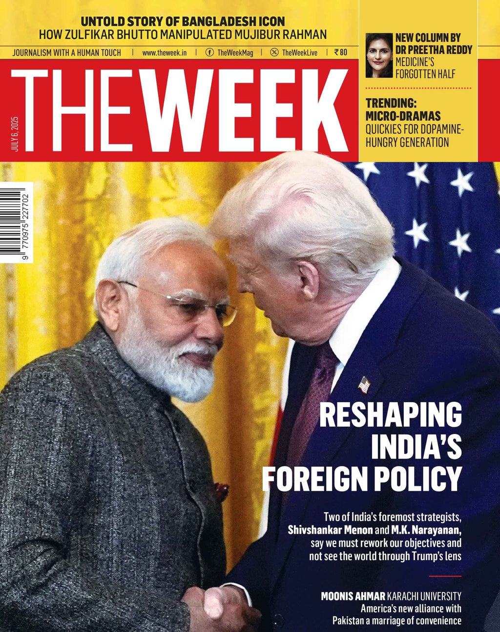 Cover of The Week magazine featuring Narendra Modi and Donald Trump discussing reshaping India’s foreign policy