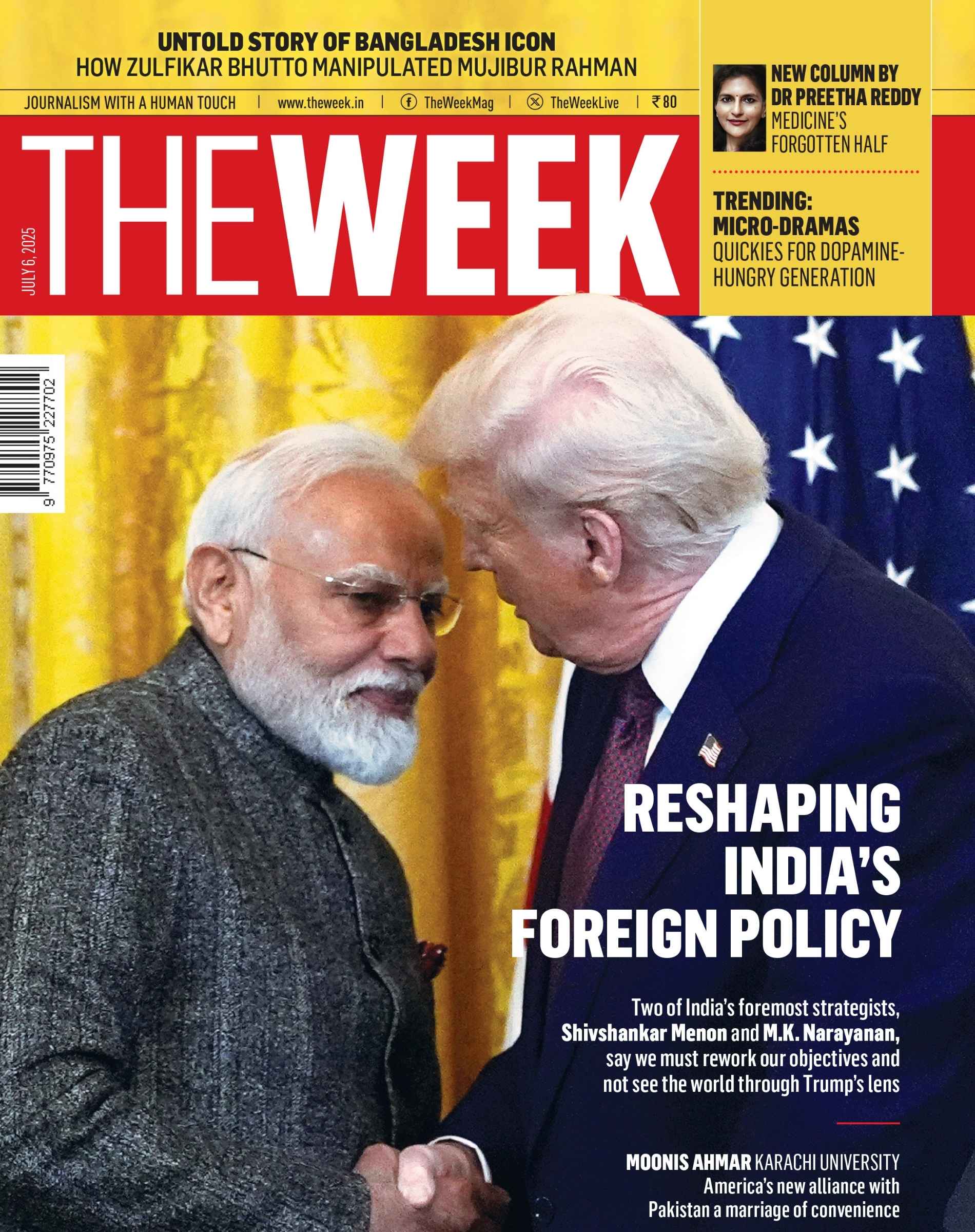 Cover of The Week magazine featuring Narendra Modi and Donald Trump discussing reshaping India’s foreign policy
