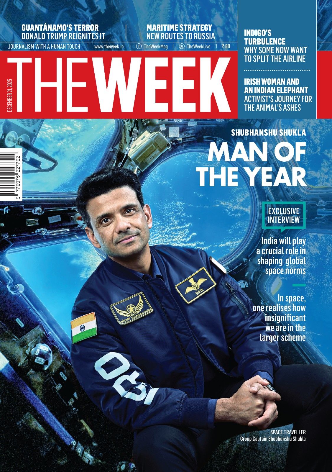 Magazine cover featuring a person in a space suit with text about 'Man of the Year' on a blue and red background.