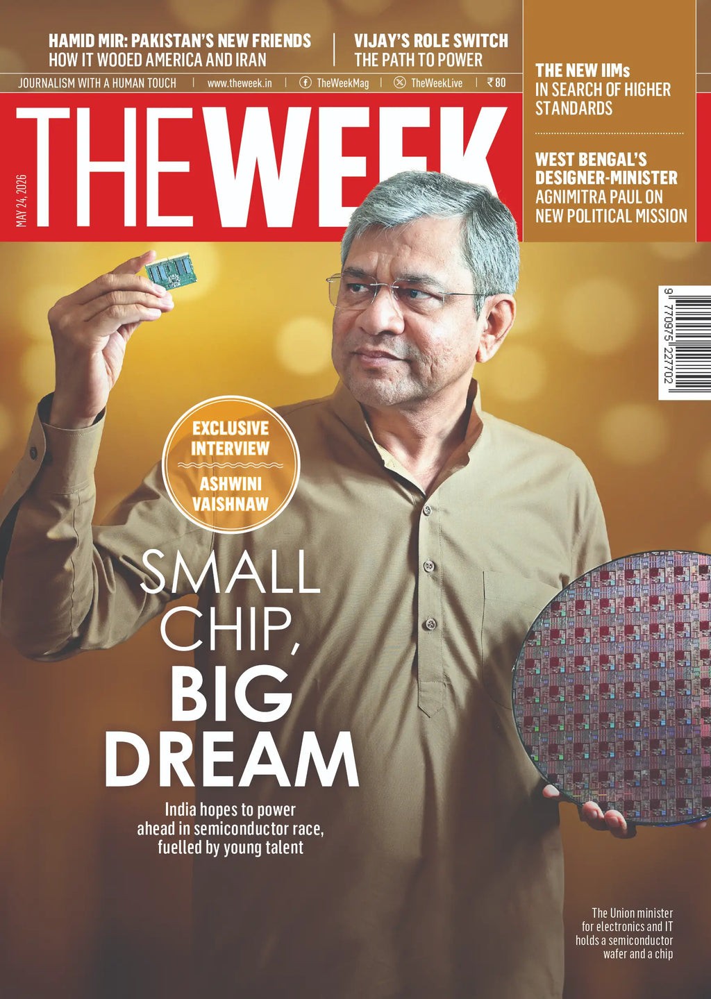 The Week magazine cover dated 24 May 2026 featuring India semiconductor industry and Ashwini Vaishnaw interview
