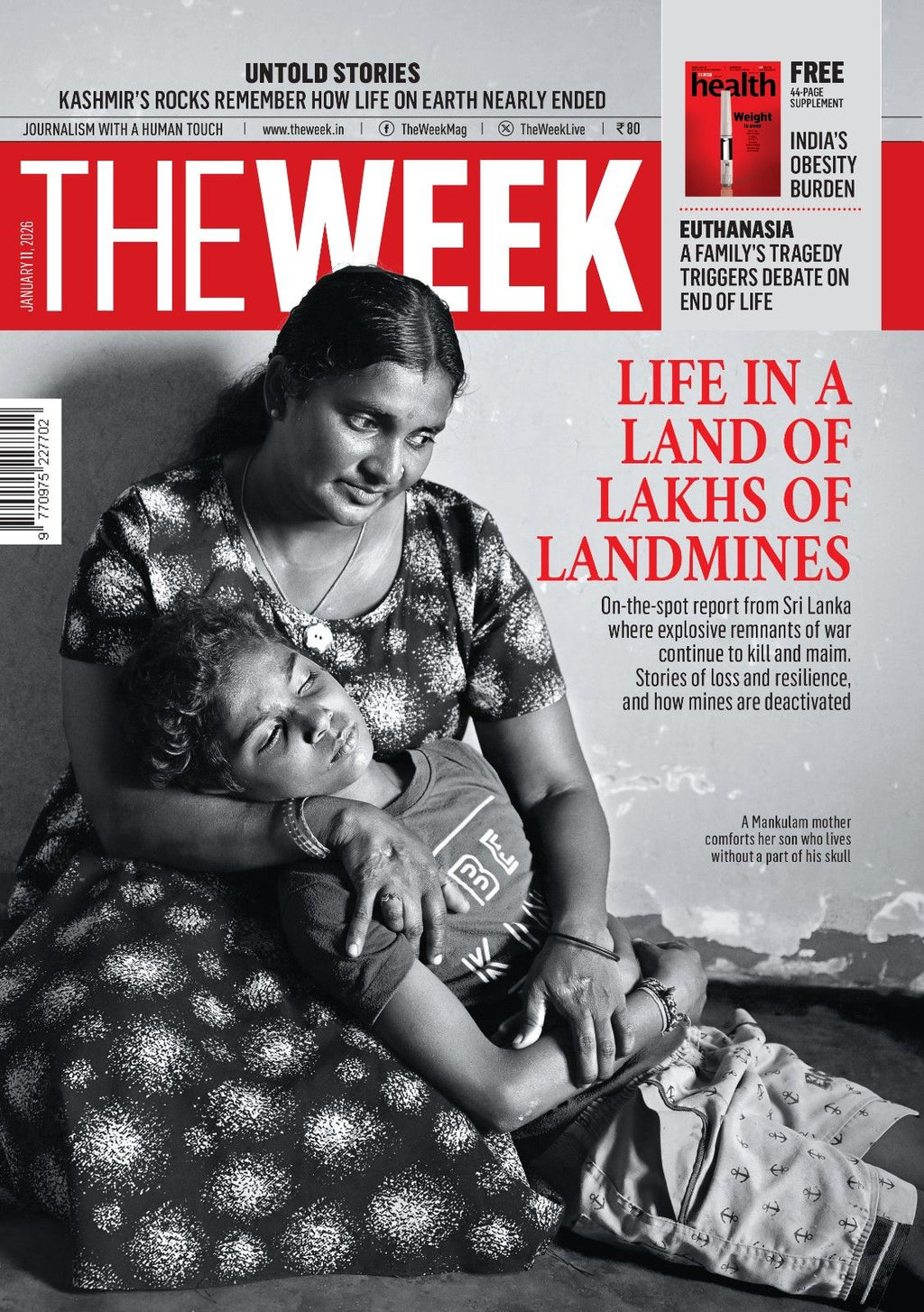Magazine cover featuring a sri lanka woman holding a child with text about landmines in a land of lakhs of landmines.