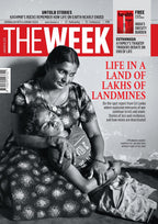 Magazine cover featuring a sri lanka woman holding a child with text about landmines in a land of lakhs of landmines.