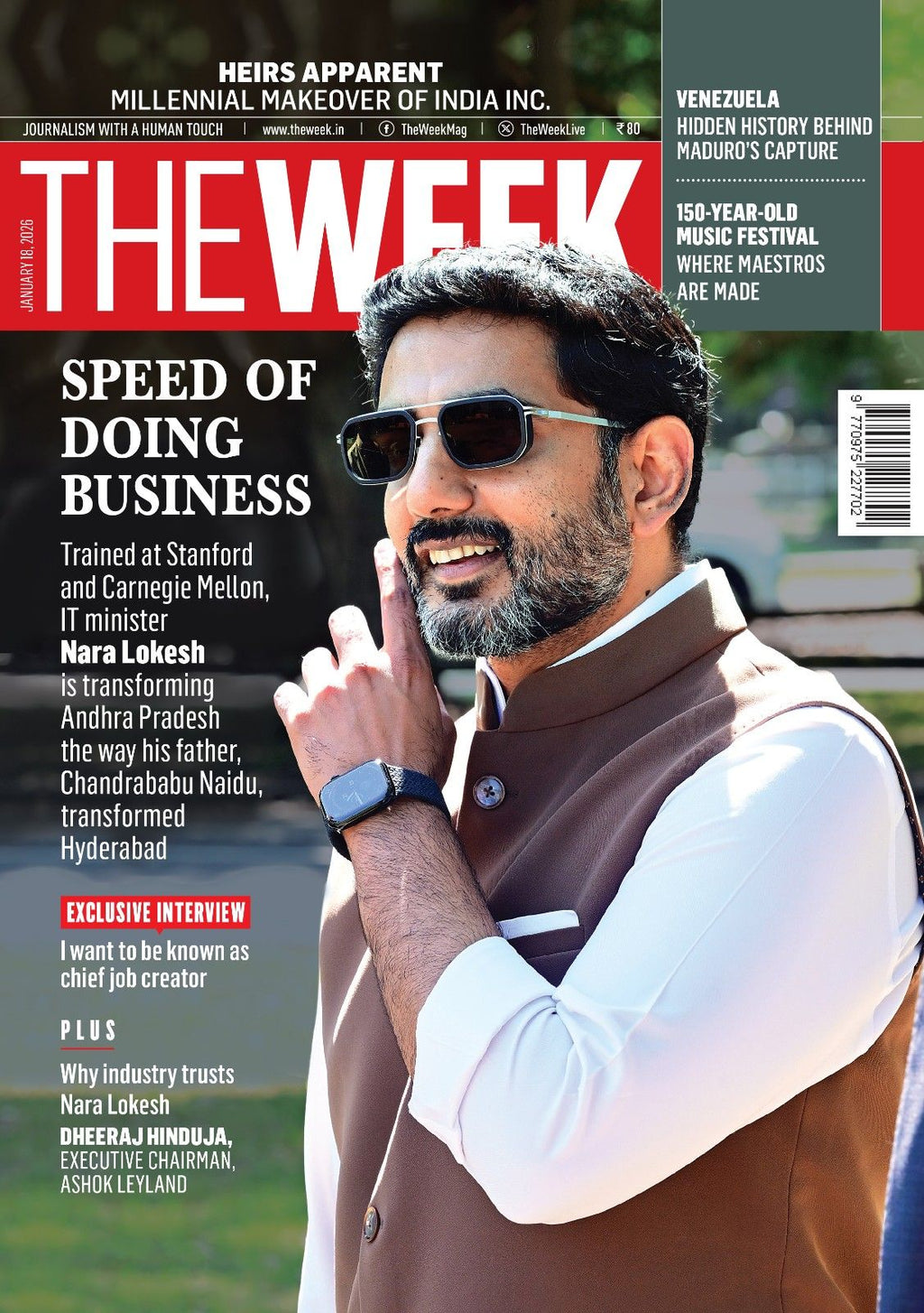 The Week Magazine January 18 2026 cover featuring Nara Lokesh on speed of doing business and millennial leadership in India