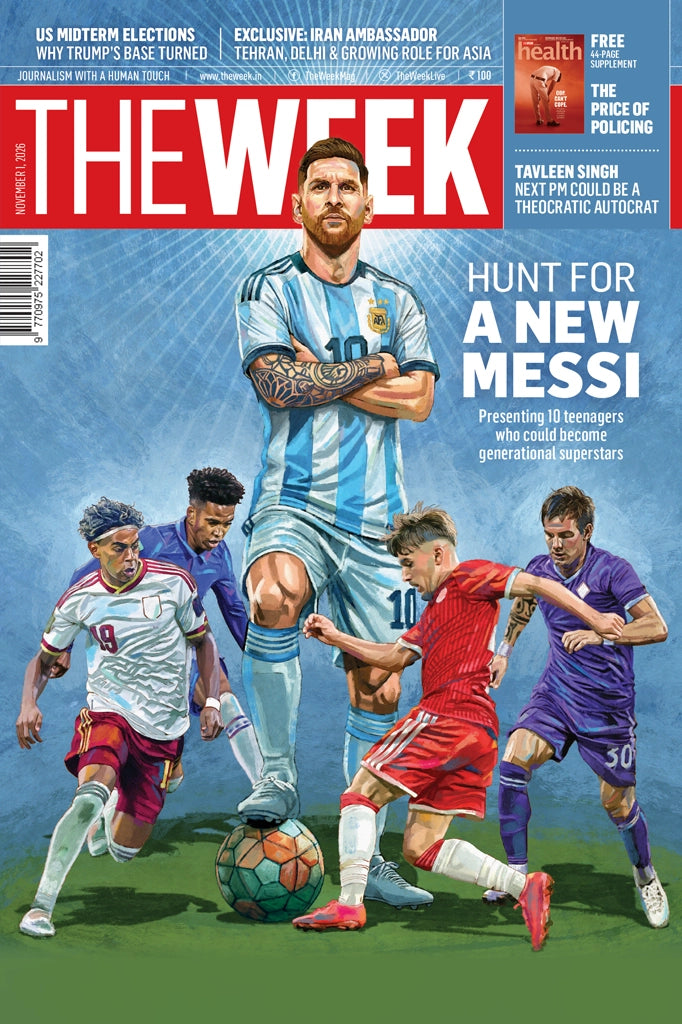 The Week Magazine cover for November 1, 2026, featuring an illustration of Lionel Messi and ten rising teenage football superstars in the hunt for a new Messi.
