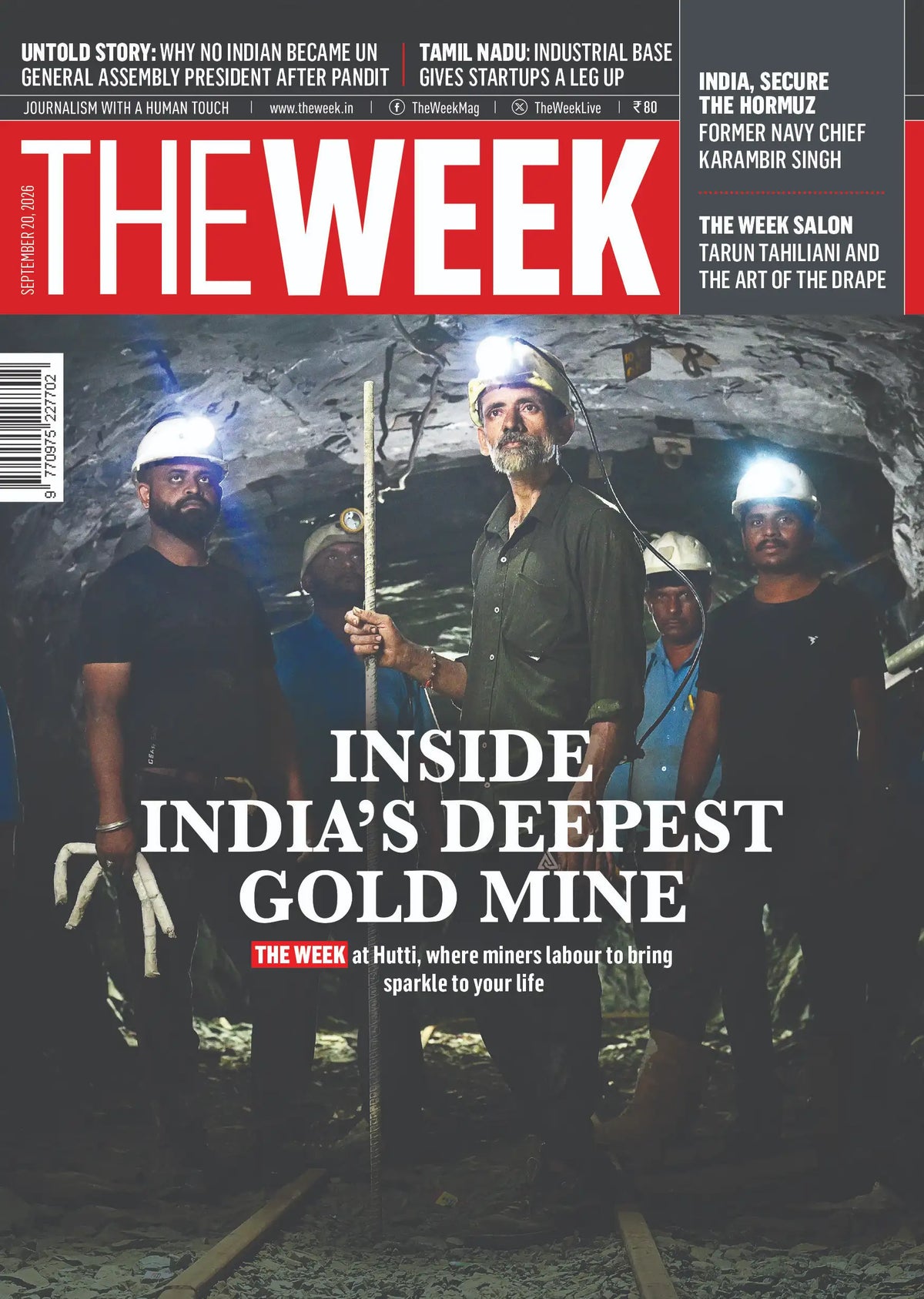 THE WEEK Magazine September 20, 2026 cover featuring India's deepest gold mine and stories on Karambir Singh, Tamil Nadu startups and Tarun Tahiliani.