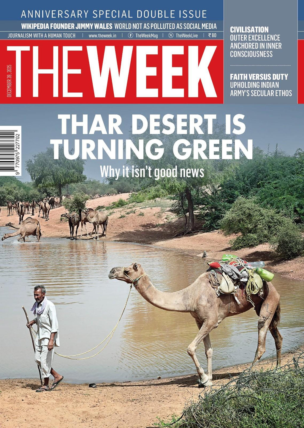 Cover of 'The Week' magazine featuring a desert scene with camels and a person by a water source.